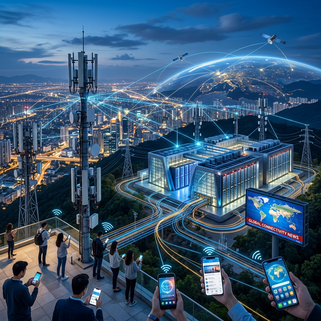 Futuristic city connected by cell towers, satellites, data centers, and smartphones